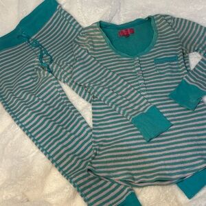 Vintage Victoria Secret Thermal Teal and Pink Stripped Pajama Set
